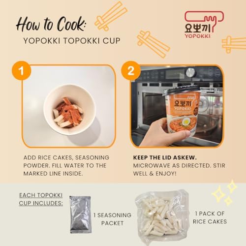 Yopokki Instant Tteokbokki Rice Cakes Korean, Variety Topokki Cup - Great with Cheese and Ramen Toppings, Korean Snacks for College Dorm, Korean Street Food Quick & Easy to Prepare, Pack of 6