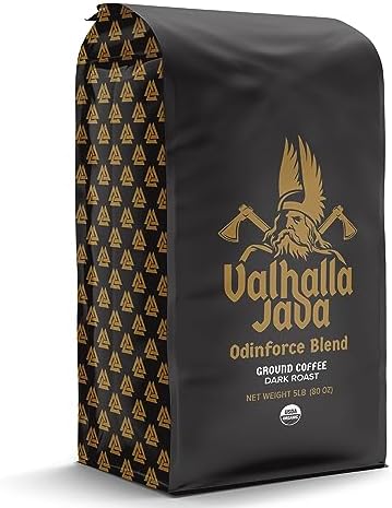 Death Wish Coffee, Valhalla Java Dark Roast Grounds - Extra Kick of Caffeine - 5 Lb. - Bold & Intense Blend of Arabica Robusta - USDA Organic - Strong Coffee for Morning Boost