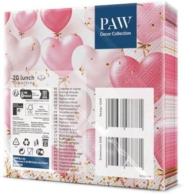 PAW Paper Napkin 3 Ply (33 x 33 cm) I Pack of 20 Perfect for Birthdays, Parties, Weddings, Kommunion and Celebrations, Table Decoration – Pink Heart Balloons