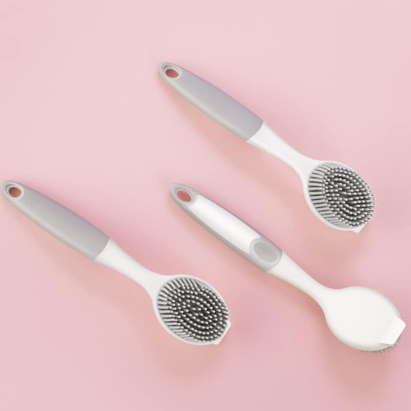 Dish Scrubber, Silicone Soft Bristles Scrub Brush with Scraper Tip, Comfortable Grip Brushes for Kitchen Sink, Pans, Pots, Skillet, Vegetable, Fruit, Potato Cleaning (White/Grey)