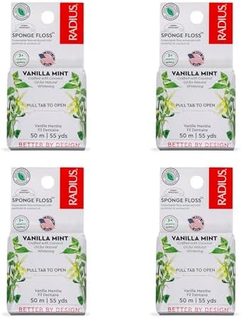 Radius Vanilla Mint Dental Floss 55 Yards Vegan & Non-Toxic Oral Care Boost & Designed to Help Fight Plaque Clear - Pack of 4
