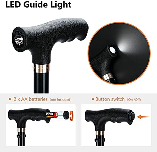 KAKICLAY Folding Walking Cane with LED Light for Women & Men - Foldable, Adjustable, Collapsible Lightweight Aluminum Walking Stick for Seniors & Adults