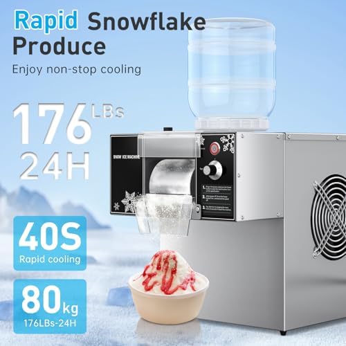 Snowflake Ice Machine, 176 LBS/24H Commercial Shaved Ice Machine, Rapid Cooling and 9 Adjustable Speed, Stainless Steel Snowflake Ice Maker for Home, Restaurant, Office, Party