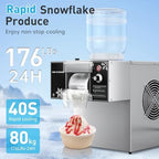 Snowflake Ice Machine, 176 LBS/24H Commercial Shaved Ice Machine, Rapid Cooling and 9 Adjustable Speed, Stainless Steel Snowflake Ice Maker for Home, Restaurant, Office, Party