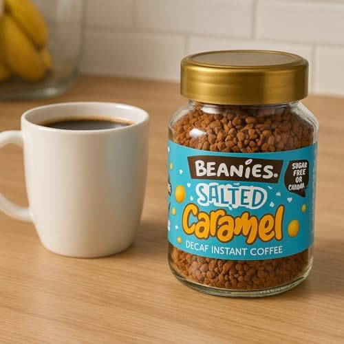 Beanies Decaf Salted Caramel Flavoured Instant Coffee 50g Jars (Pack of 6) Rich & Sweet Decaffeinated Coffee