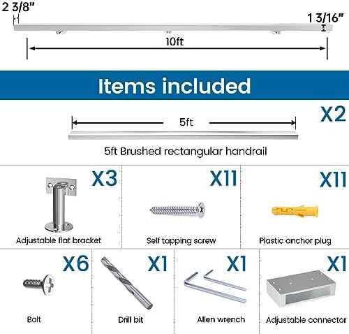 Muzata 10Ft Pre-drilled Stair Handrail 1"x2" Rectangular Brushed Wall Mounted Handrail Stainless Steel Safety Hand Rail Indoor Outdoor Stair Hand Railing Wood Concrete Brick Wall HK28 SL4