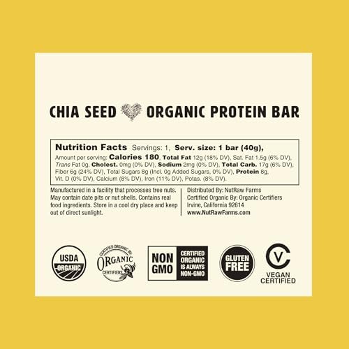 NutRaw Organic Chia Seed Bar, 12 Pack (1.4 oz) – Vegan Protein Bar with 8g Plant Protein & 6g Fiber – Clean Ingredient Chia Snack Bar, Gluten Free, No Added Sugar