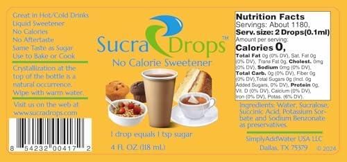 SucraDrops 4 oz Bottle of Premium Liquid Sucralose Sweetener, 1,180 Servings x 2 drops per serving size, totaling 2,360 drops