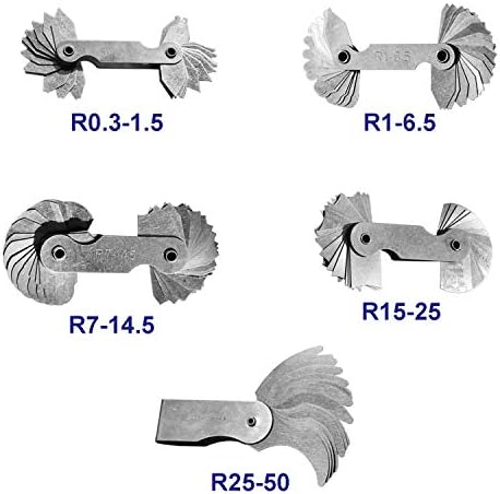 5Pcs Stainless Steel Radius Gauge, Portable Concave Convex External Internal Arc Measuring Tool Radius Fillet Gauge Set R0.3-1.5mm/ R1-6.5mm/ R7-14.5mm/ R15-25mm/ R25-50mm