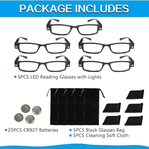 Reading Glasses Bright LED Readers with Lights Reading Glasses Lighted Magnifier Nighttime Reader Compact Full Frame Eyewear Clear Vision Unisex Clear Vision Lighted Eye Glasses,5PCS (Black, +200)