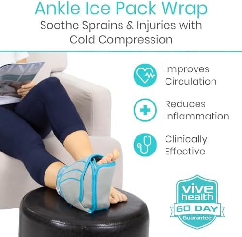 Vive Compression Ankle Ice Pack Wrap for Foot Pain Relief - Soft Cold Brace for Recovering Injuries - Support for Swelling, Sprains, & Fractures - Filled with Reusable Gel, Fits Small & Large Feet