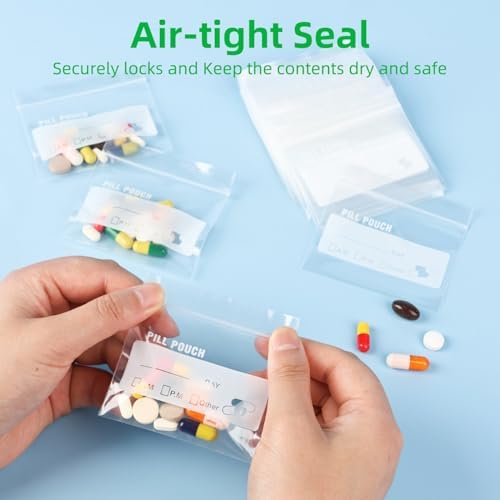 Urekt Pill Pouch Bags for Travel (120 Pack), 6 Mil BPA Free Reusable Pill Bags 3 x 2.75 inch for Medicine with Write on Label Clear Ziplock Seal Waterproof AM PM Pill Baggies for Medicine Organizer