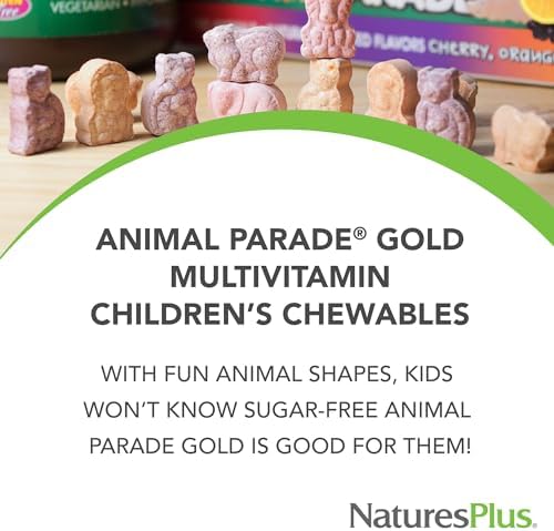 NaturesPlus Animal Parade Source of Life Gold Children's Multivitamin - Orange Flavor - 120 Chewable Animal Shaped Tablets - Immune Support Supplement - Gluten-Free - 60 Servings