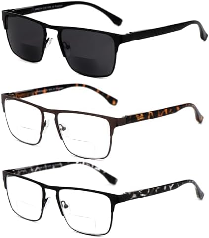 3 Pairs Bifocal Reading Glasses Sunglasses for Men and Women,Classical Metal Spring Hinge Readers
