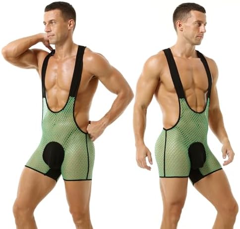 Mens Fishnet Mesh Bodysuit Suspenders Singlet One Piece Boxer Leotard Wrestling Singlet Underwear