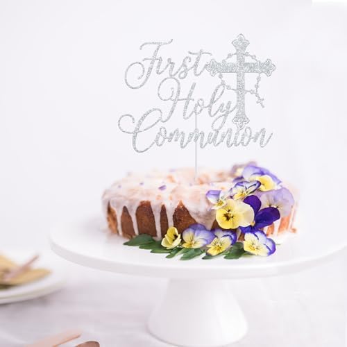 First Holy Communion Cake Topper, God Bless, Baptism Cake Decorations, First Communion Decor, Religious Baptism Christening Baby Shower 1st Birthday Party Decorations Silver Glitter