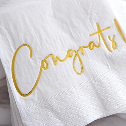 Congratulations Paper Napkins - 50 Pack White Gold Foil "Congrats!" Square Disposable Paper Beverage Cocktail Napkins 5"x5" Perfect for Engagement, Graduation, Baby Shower, Celebration Party