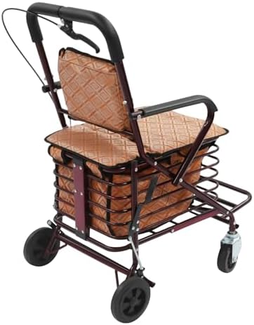 Foldable Shopping Cart with Seat for Seniors - 4 Wheel Rollator Walker, Portable Shopping Trolley with Brakes, Large Basket & Adjustable Armrest, 220lbs Capacity (Brown)