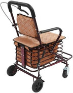 Foldable Shopping Cart with Seat for Seniors - 4 Wheel Rollator Walker, Portable Shopping Trolley with Brakes, Large Basket & Adjustable Armrest, 220lbs Capacity (Brown)