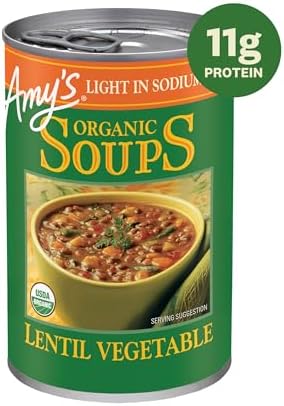 Amy’s Soup, Vegan Light in Sodium Lentil Vegetable Soup, Gluten Free, Made With Organic Vegetables, Canned Soup, 14.5 Oz (6 Pack)