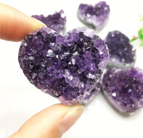 1PCS Natural Amethyst Crystal Heart Cluster, Raw Purple Geode Druzy Stone for Healing Chakra Meditation, Heart Shaped Gemstone Desk Decor & Gift