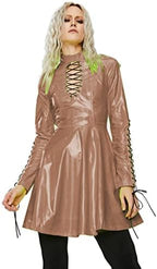 Women PVC Long Sleeve Dress Vinyl Hollow Out A-Line Dress High Waist Above Knee Mini Party Dress,Light Brown,4XL