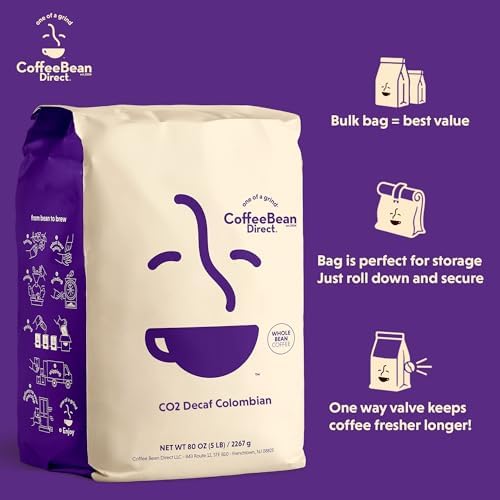 Coffee Bean Direct CO2 Decaf Colombian, Whole Bean Coffee, Arabica Coffee, Light Roast, 5 Pound Bag (Pack of 1)