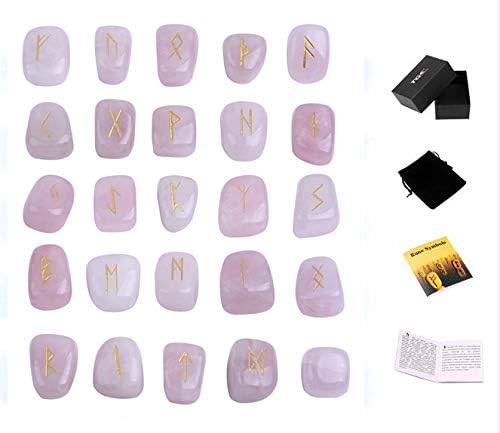 TGS Gems Rose Quartz Rune Stones Set Engraved Pagan Lettering with Instruction Booklet and Velvet Pouch