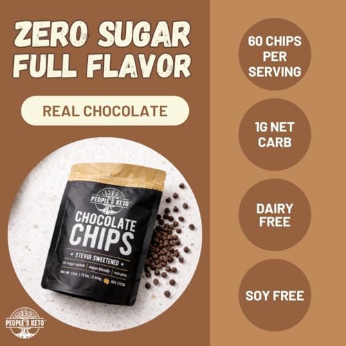 Sugar Free Large Chocolate Chips, Stevia Sweetened, 12 oz. Value Size, Non-GMO, Vegan, Keto, Low Carb, 60% Cocoa, All Natural, Baking Chips, Gluten Free, No Sugar Added (1 Pack)