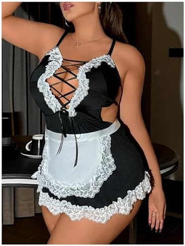 WDIRARA Women's Plus Size 2 Piece Contrast Lace Cosplay Lingerie Set Maid Costume Set Dress and Belt