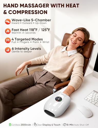 Hand Massager with Heat and Compression : Cordless Heated Hand Massage for Arthritis and Carpal Tunnel, Hand Therapy for Pain Relief – 4 Modes 6 Intensities, Portable Rechargeable (White)