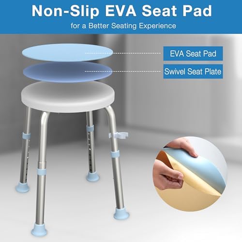 Swivel Shower Stool for Inside Shower, 360° Rotating Stool with Non-Slip Seat Pad, Adjustable Shower Chair for Seniors with 6 Height Levels, Lightweight Seat Up to 300 lbs, Tool-Free Assembly