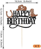 Rsstarxi 1 Pack Cowboy Happy Birthday Cake Topper Glitter Black Brown Western Cowboy Cake Pick Decoration for Boys Western Theme Gender Reveal Birthday Party Cake Decorations Supplies