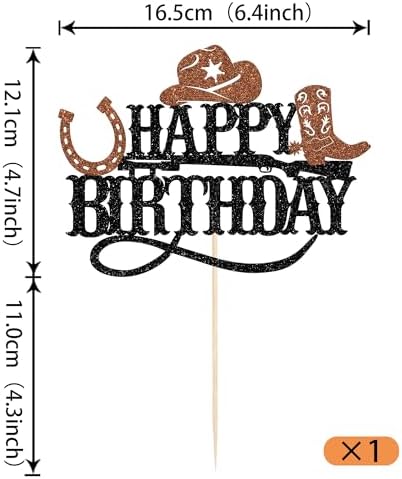 Rsstarxi 1 Pack Cowboy Happy Birthday Cake Topper Glitter Black Brown Western Cowboy Cake Pick Decoration for Boys Western Theme Gender Reveal Birthday Party Cake Decorations Supplies