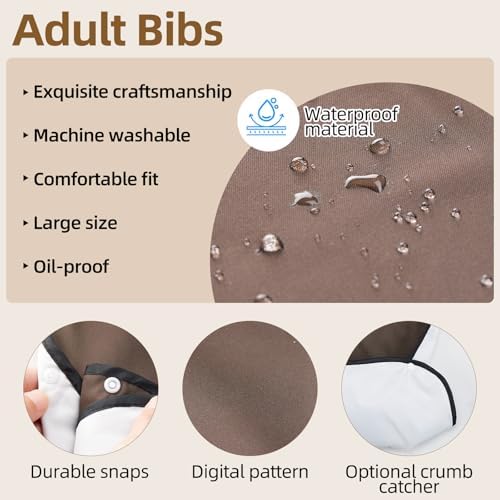 Adult Bibs for Men, 4-Pack 18"x30" Reusable Waterproof with Optional Crumb Catcher, Adult Bibs for Eating, Gifts for Elderly Men, Seniors and Adults with Special Needs
