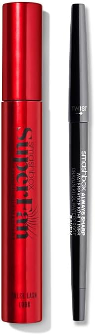 Smashbox Super Fan Lash Lengthening Mascara, 12-Hour Length and Lift, 0.34 Fl Oz, Black + Always Sharp Longwear Waterproof Kohl Eyeliner Pencil with Self-Sharpening Cap, Raven - Bundle