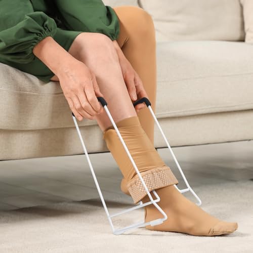 Compression Sock Aid Device – Stocking Donner for Seniors, Adaptive Sock Putting-On Tool, Medium Calf (<18”), Compatible for JOBST, SB SOX, CHARMKING, White