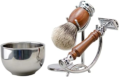 Grandslam Safety Razor Shaving Kit for Men,Pure Badger Hair Brush and Double Edge Safety Razor with Rosewood Handle, Stainless Steel Shaving Stand and Double Layer Large Bowl with 10 Blade