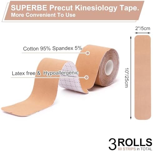 K Athletic Tape, Kinesiology Tape Precut - Premium Kinesthetic Tape for Muscles Knee Shoulder Elbow, 2 Inch x 16.5 feet (3 Rolls Pack)