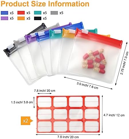 35+2 Pcs Pill Pouch Bags Zippered Pill Pouch Set with 2 Sheets Label, 7 Colors Pill Pouches for Medicine Travel Reusable Small Plastic Pill Bags for Travel/Home Daily use