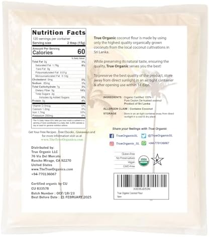 True Organic Ceylon Coconut Flour, 4 Pound / 64 Oz Bulk Bag, Certified Organic, USDA & Kosher Certified, Non-GMO, Organic Ceylon Coconut Flour for Baking Keto, Pure Ceylon Premium Quality