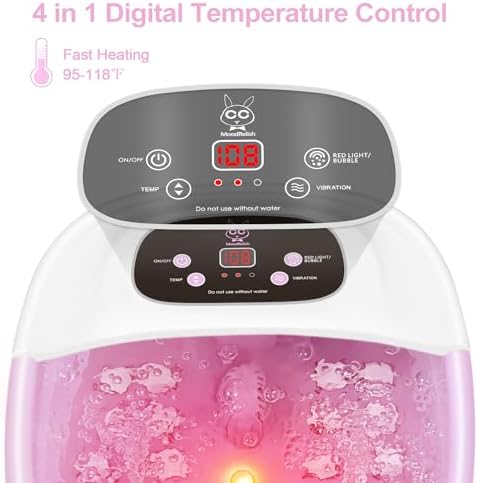 MoodRelish Foot Spa Bath Massager with Heat Bubbles and Vibration Massage and Jets, 16 OZ Calming Lavender Foot Soak Epsom Salt, Foot Soaker with Red Light, 22 Massage Rollers, Adjustable Temp - Pink