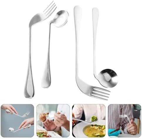 Adaptive Utensils Set - Curved Stainless Steel Spoon and Fork for Elderly, Adults with Tremors, Comfortable Angled Handle Design for Easy Feeding at Home (4pcs)