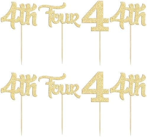 24Pcs 4th Birthday Cupcake Toppers Glitter Fourth Birthday Two Cupcake Picks for Baby Shower 4th Birthday Anniversary Party Cake Decorations Supplies Gold