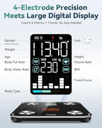 YUHUO Smart Scale for Body Weight, 4-Electrode BIA Body Composition Scale with High Precision, Large LED Display, Digital Bathroom Scale for BMI, Body Fat, Muscle Mass, 18 Metrics Sync APP, 400lb