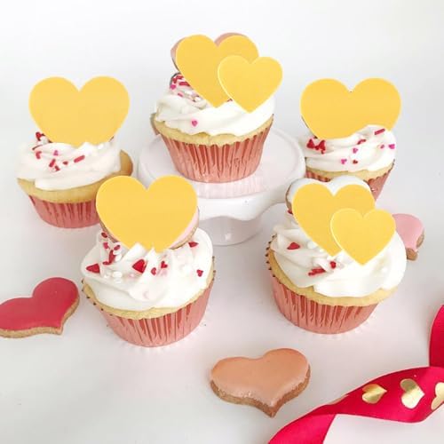 60 PCS Edible Heart Cupcake Toppers Wafer Paper Sweet Love Heart Cake Decorations Edible Wedding Engagement Cupcake Picks for Valentine's Day Wedding Bridal Shower Birthday Party Decor Supplies Gold