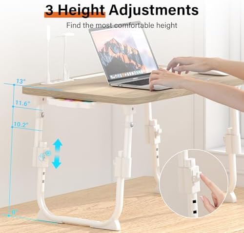 Laptop Desk for Bed Height Adjustable, Lap Bed Table with USB/Storage Drawer/Cup Holder/Tablet Stand/Book Shelf, Foldable Breakfast Tray Portable for Reading Writing, Sofa & Floor, Glacier