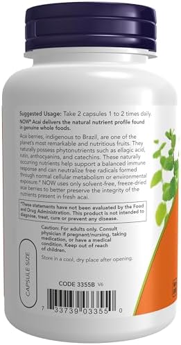 NOW Foods Supplements, Acai 500 mg, Freeze-Dried Super Fruit with Polyphenols, Ellagic Acid, Rutin, Anthocyanins and Catechins, 100 Veg Capsules