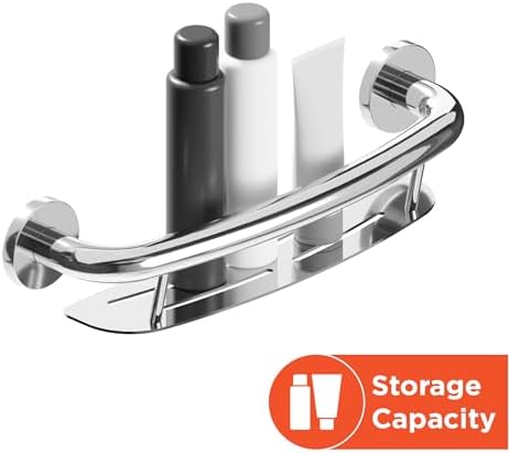 HEALTHCRAFT Plus 2-in-1 Shampoo Shelf and Decorative Grab Bar (16 Inch), ADA Compliant Bathroom Safety Grab Bar for Seniors, Wall-Mounted, Supports Up to 500 lbs in Chrome