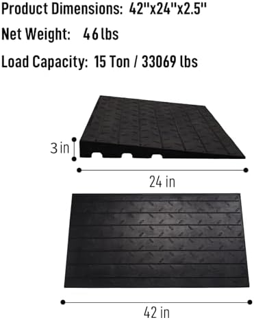 3" Rise Heigh Rubber Threshold Ramp, 42”L x 24" W Heavy-Duty 33069 lbs Capacity Curb Driveway Non-Slip Wheelchairs Ramps for Cars, Bikes, Motorcycles